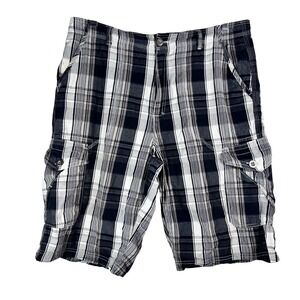 Helix Mens Plaid Cargo Shorts Black White Grey Size 36 Cotton Relaxed Utility‎